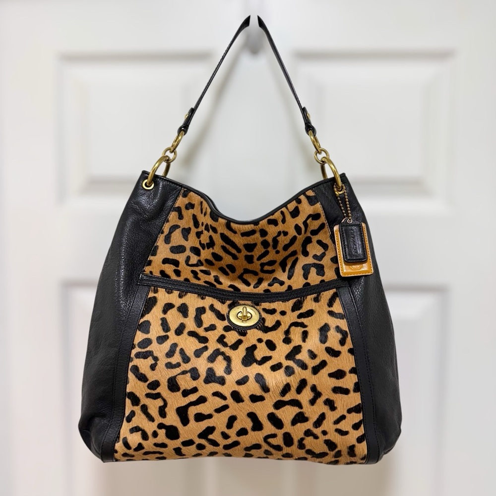 Coach Park Large Hobo Bag Leopard Print Haircalf Black Leather